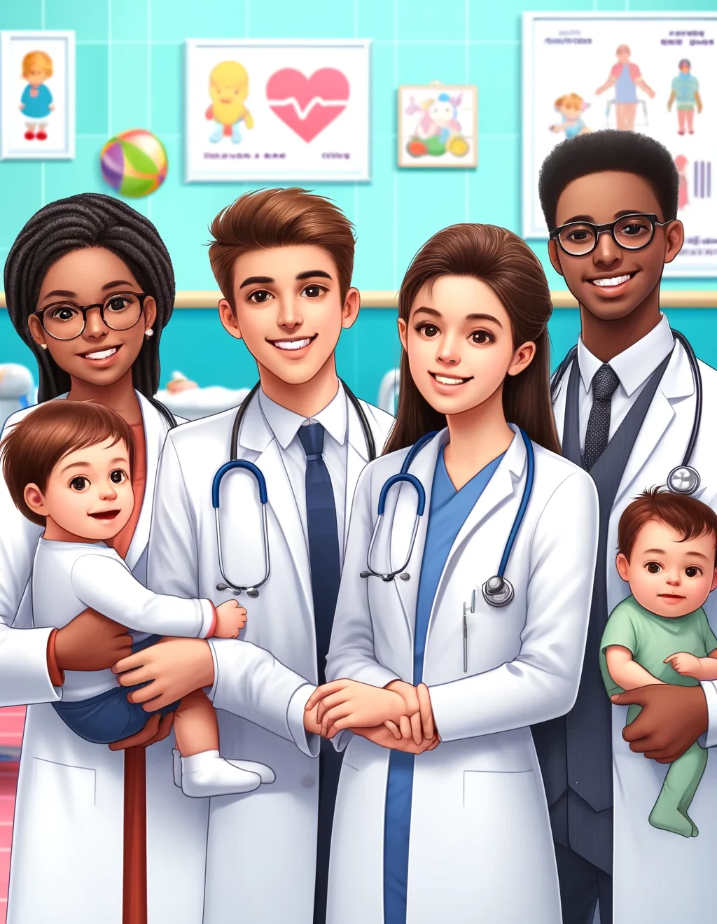 DALL·E 2024-05-17 12.08.13 - A portrait format illustration depicting several doctors in a pediatric clinic. The doctors are wearing white coats and stethos